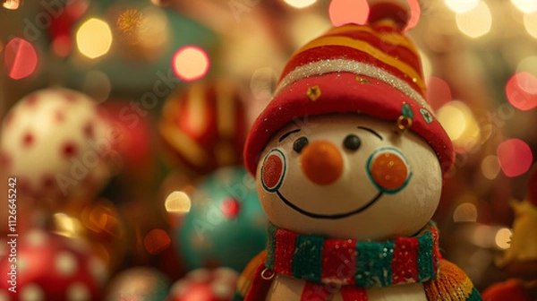 Fototapeta Assorted Christmas Toys on a Festive Holiday Background with Decorations and Lights - Charming and Colorful Christmas Scene Perfect for Seasonal Celebrations and Winter Themes