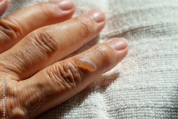 Obraz Blister on finger from thermal burn with boiling water. Hand of senior woman with second degree burns on the finger. Home accident, careless behavior with boiling tea.