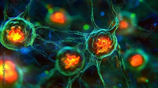 Obraz A close-up of cancer cells shifting and pulsing like living organisms, glowing with neon colors under a biological microscope, their details surreal.