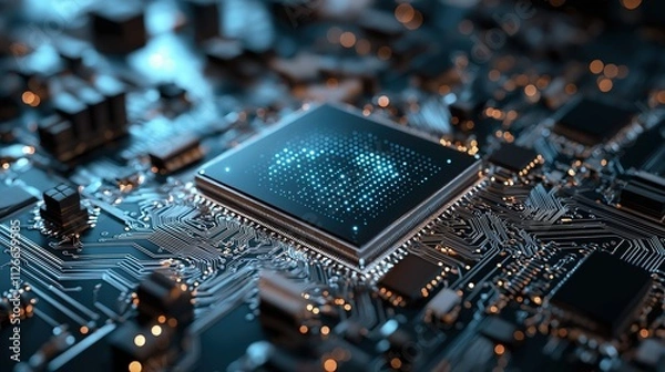 Obraz Close-up of a futuristic quantum computer processor on a high-tech circuit board, symbolizing advanced technology and innovation