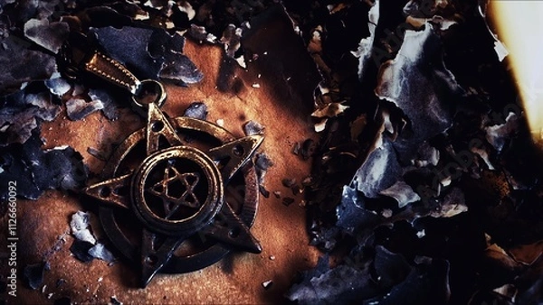 Obraz Magical Occult Symbol Pentagram in Fire and Ashes