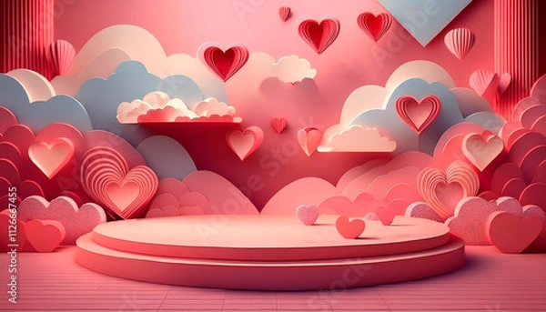 Fototapeta 3d render valentine's day with pink podium display for product in love and heart with cylinder podium stand to show cosmetic product on background.