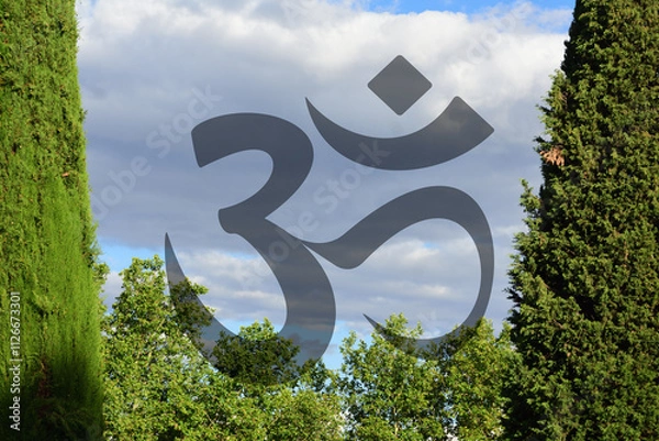 Fototapeta Om symbol transparent on trees and sky background. Symbol of Buddhism and Hinduism religions.