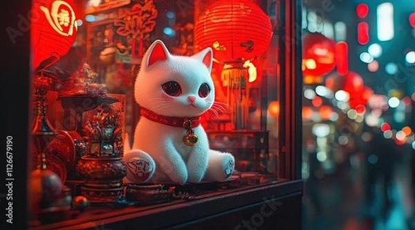 Fototapeta A cute white maneki-neko cat is placed on the display window of an outdoor antique store in the style of an Asian city, with red lanterns hanging outside and neon lights illuminating it