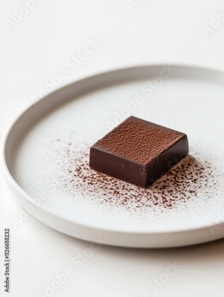 Fototapeta A square piece of chocolate dusted with cocoa powder on a minimalist plate.