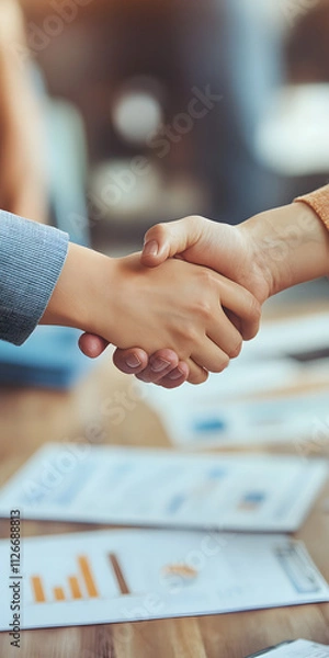 Fototapeta Aperto de mão nos negócios sobre uma mesa com documentos