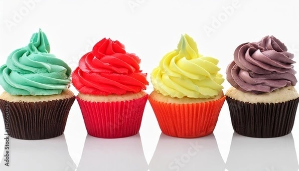 Fototapeta Deliciously Colorful Cupcakes with Vibrant Rainbow Frosting Isolated on Transparent Background Perfect for Celebrations, Parties, and Sweet Treats