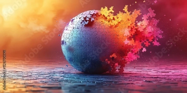 Fototapeta A colorful, abstract sphere appears to dissolve or explode with vibrant hues against a textured background, creating a dynamic, artistic scene.