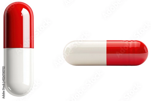 Fototapeta Red and White Capsules for Medication isolated on transparent background.