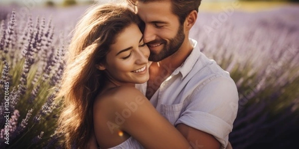 Obraz A young couple hugs in a lavender field. Family posing in nature. Generative AI.