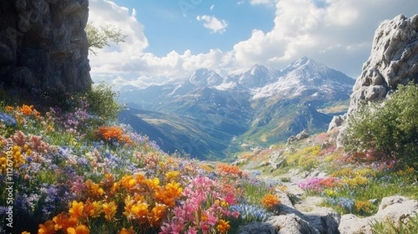 Obraz A beautiful landscape with rocky cliffs and slopes filled with vibrant flowers, creating a picturesque view