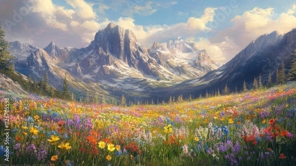 Fototapeta A vibrant meadow of colorful flowers at the base of a towering cliff, framed by distant mountain peaks