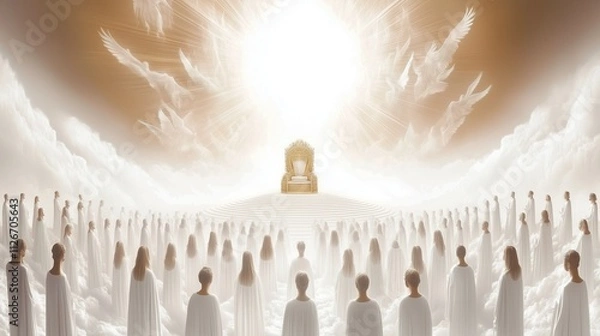 Fototapeta throne in heaven with angels and people in white depicting second coming of Christ