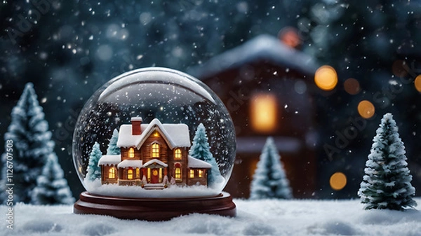 Fototapeta Banner for Christmas, New Year theme. Shimmering New Year's crystal ball. Christmas house with fir tree in snow globe on snowy background. Winter. New Year. Merry Christmas 