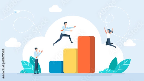 Fototapeta Teamwork to success together, employee career path or partnership support to help business growing. Team growth, teamwork help improve working and achieve success, work together. Vector illustration
