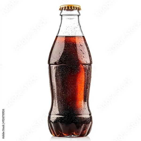 Fototapeta A glass bottle filled with dark, fizzy soda, glistening with condensation, highlighting its refreshing appeal.