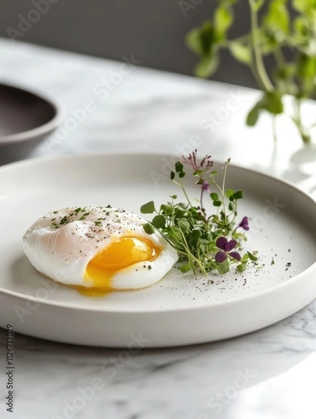 Fototapeta A poached egg with a runny yolk garnished with fresh herbs on a minimalist plate.