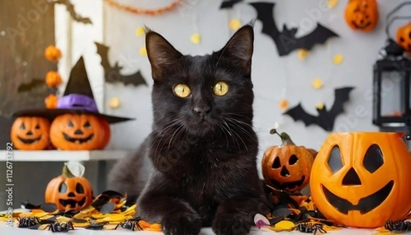 Fototapeta Adorable Black Cat Surrounded by Whimsical Halloween Decor in a Festive Room Setting Perfect for Halloween Party Vibes and Celebrations with Furry Friends