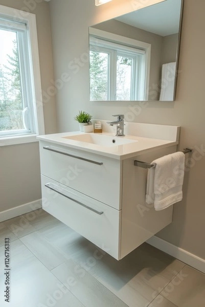 Fototapeta Bright and Airy Bathroom with Minimal Decor and Large Windows