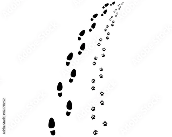 Fototapeta Footprints of man and dog , turn right or left