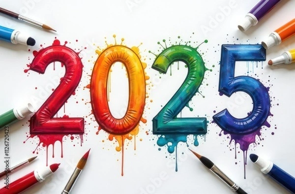 Fototapeta New Year's numbers 2025 painted with paints on a white sheet, 3D visualization, top view