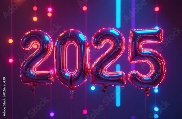 Fototapeta New Year's numbers 2025 in neon shades in the form of balloons