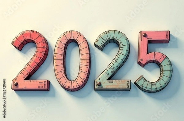 Fototapeta New Year's numbers 2025 made of wood, painted in the form of a measuring ruler 3D visualization