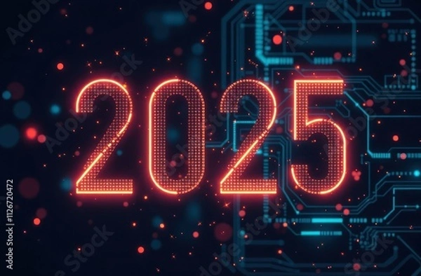 Fototapeta New Year's numbers 2025 in neon shades glowing, computer technology, matrix background