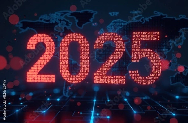 Fototapeta New Year numbers 2025 computer and matrix technology, world map background