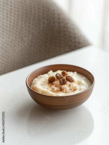 Fototapeta A bowl of creamy rice pudding topped with raisins and cinnamon, placed on a white table.