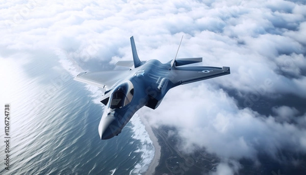 Obraz Top view of modern Fighting stealth multirole combat aircraft flying above clouds over deserted dry mountains and desert below. Military technology and defence industry concept