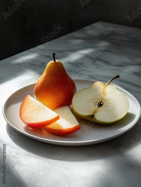 Fototapeta A plate with a whole pear, apple slices, and a halved apple, showcasing fresh fruit.