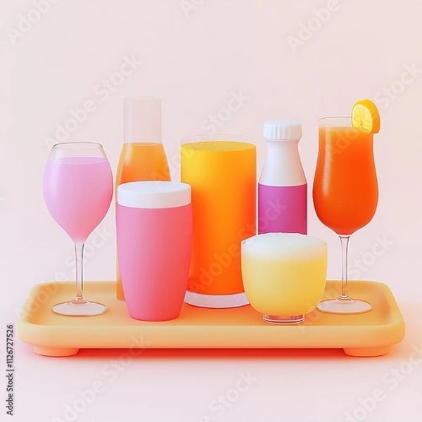 Fototapeta 3d rendering of tray holding variety of non-alcoholic beverages modern and stylish layout