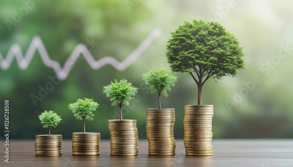Fototapeta Financial growth concept image featuring stacks of gold BITcoins of increasing height symbolizing stages of growth investment, magic of compounding effect. Retirement and succes investment concept.