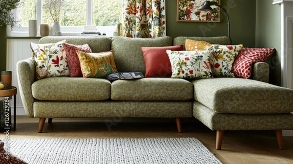 Obraz A cozy living room featuring a patterned sofa adorned with colorful cushions.