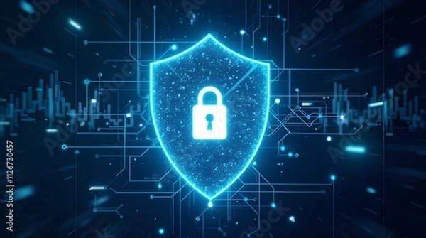 Obraz Glowing digital shield symbolizes cybersecurity, illustrating the importance of protection and data privacy in modern technology landscapes. copy space