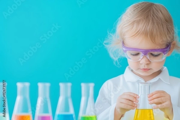 Obraz Curious Child in Lab Coat and Goggles Experimenting with Colorful Liquids in Test Tubes