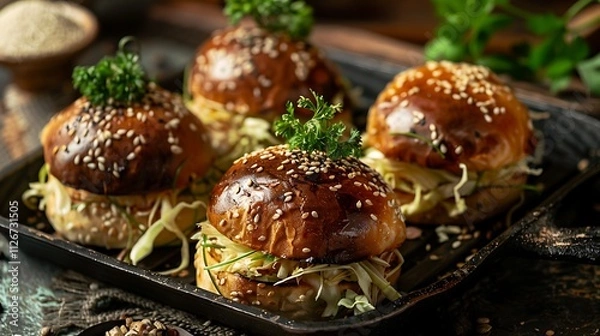 Fototapeta Sesame seed topped handcrafted cabbage sandwiches served hot on an iron platter