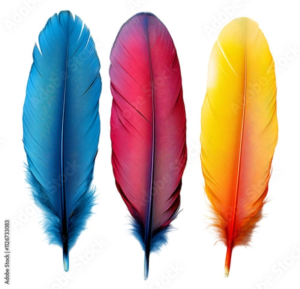 Fototapeta Colorful feathers in shades of blue, red, and yellow against a white background, symbolizing freedom, flight, and artistic expression