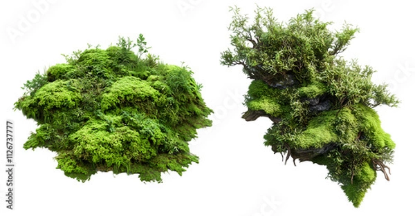 Fototapeta Moss and shrub clumps with vibrant green texture, PNG image, Cutout, Isolated on white background