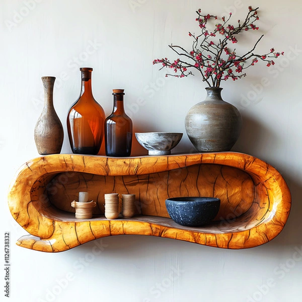 Fototapeta a shelf with vases and bowls and bowls on it