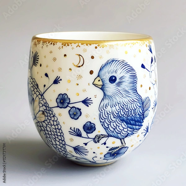Fototapeta a blue bird is sitting on a cup that has a blue bird on it