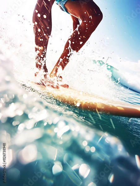 Fototapeta a photo of two people in the water with a surfboard