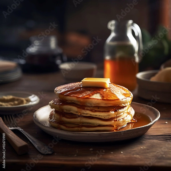 Fototapeta a stack of pancakes with syrup and syrup on a table