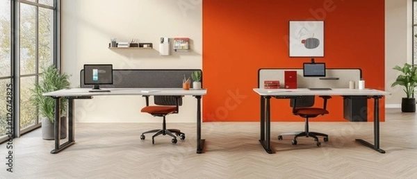 Fototapeta Modern and Minimalist Office Space with Vibrant Orange Accent Wall