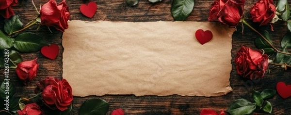 Fototapeta Beautiful Arrangement of Red Roses and Hearts Surrounding a Vintage Paper Background for Romantic Occasions