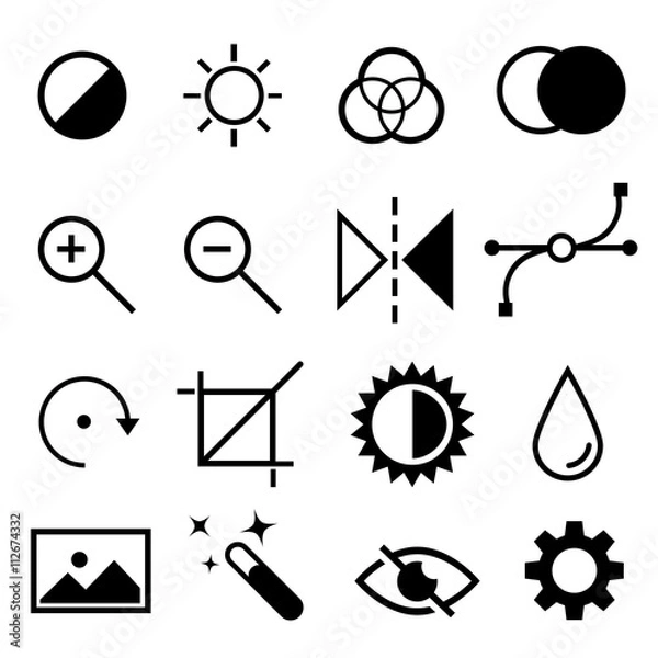 Fototapeta Set of flat black and white editing icons. Contrast, brightness, hue, color, filter, curve, levels symbols.