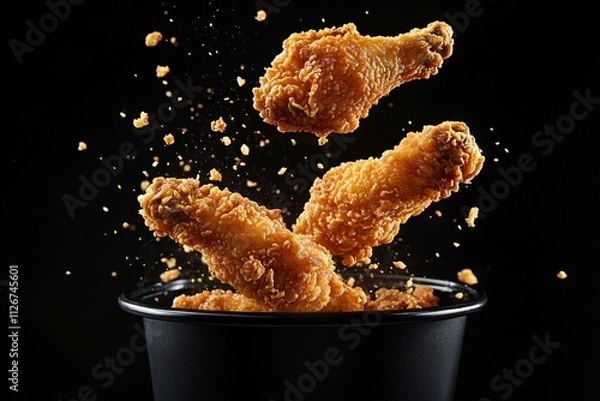 Fototapeta Crispy fried chicken pieces in motion, dropping into a bucket with golden perfection