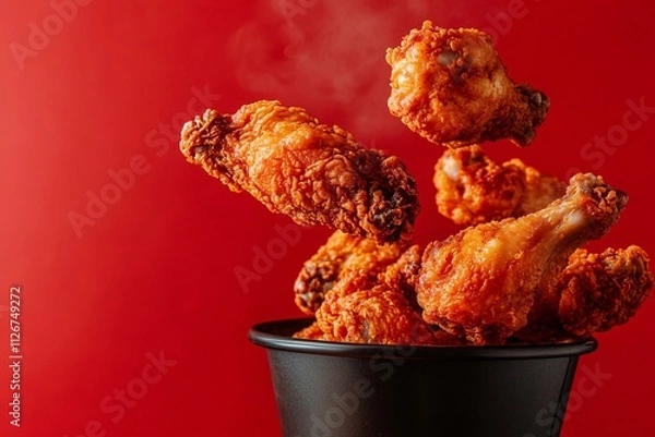 Fototapeta Dynamic shot of crispy fried chicken falling, golden crust highlighting the movement and texture of the dish