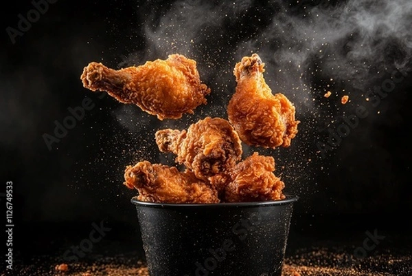 Fototapeta Golden crispy fried chicken falling, capturing the dynamic movement and rich texture for an appetizing dish